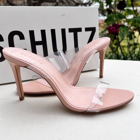 SCHUTZ Shoes - Schutz Ariella Sandal Clear Vinyl Straps Stiletto Heel Sz 9M in Sweet Rose